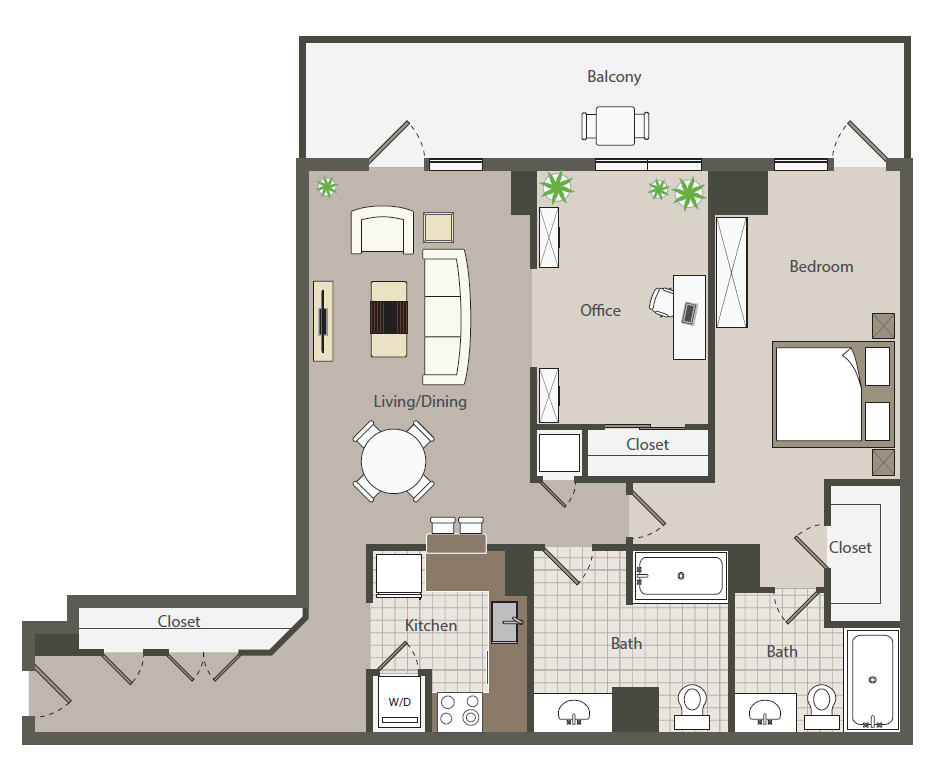 Floor plan for 2 beds, 2 baths, 1046 sqft